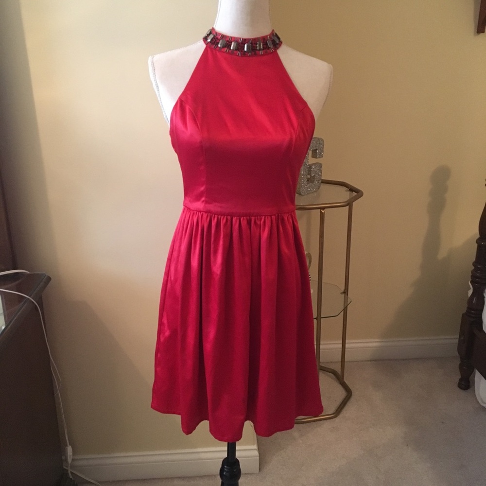 Red high neck dress